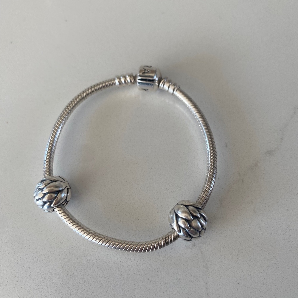Pandora Silver Snake Chain Bracelet with 2 Spacer Charms